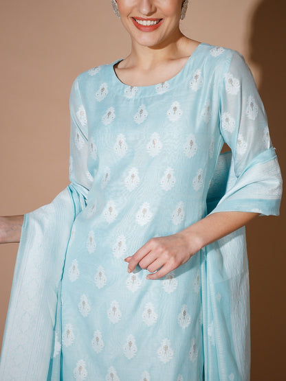 Women's Blue Printed Kurta & Palazzos With Dupatta
