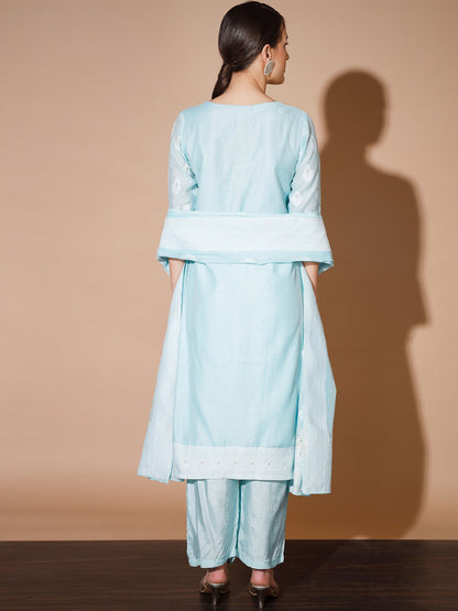 Women's Blue Printed Kurta & Palazzos With Dupatta