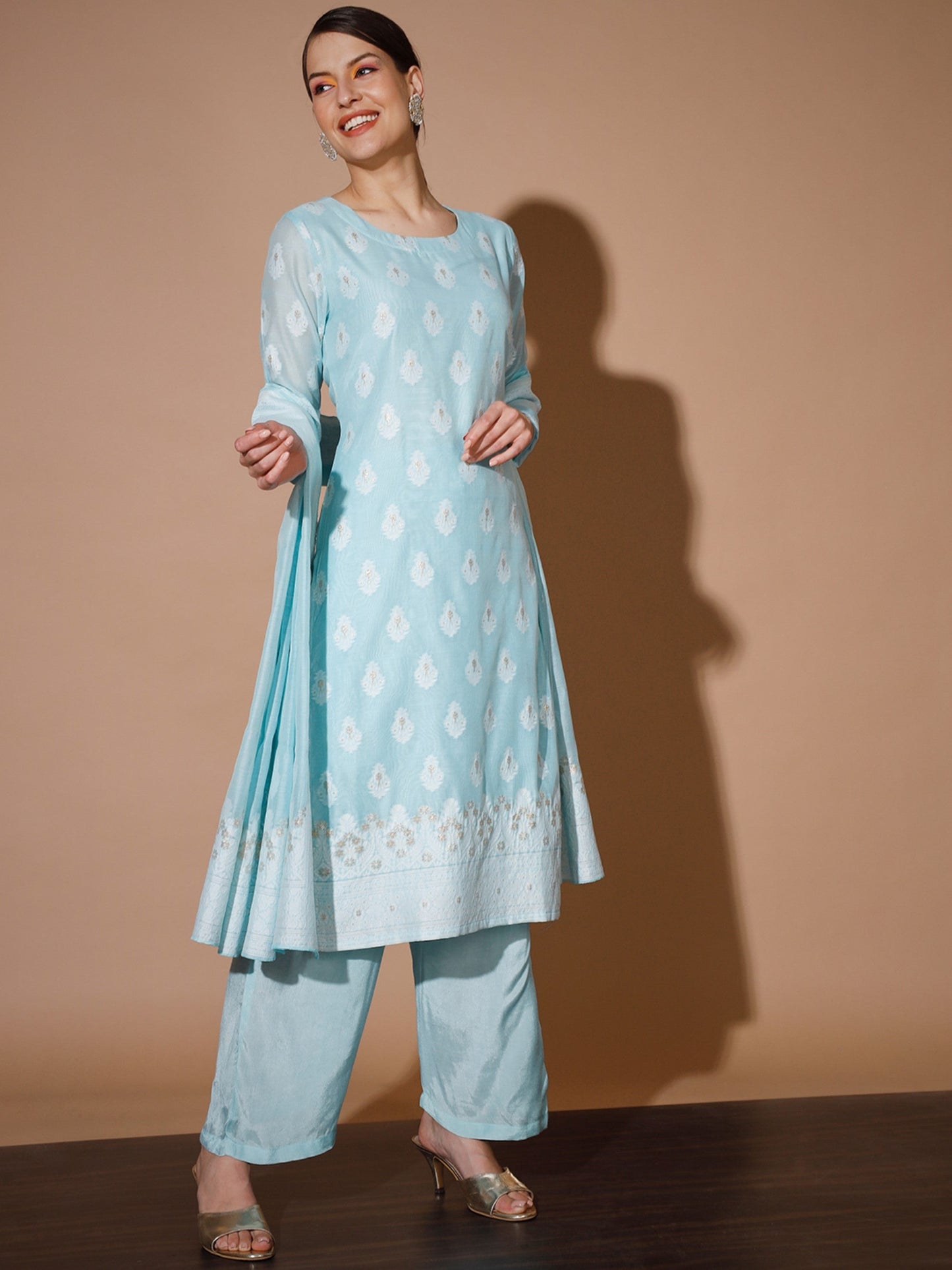 Women's Blue Printed Kurta & Palazzos With Dupatta