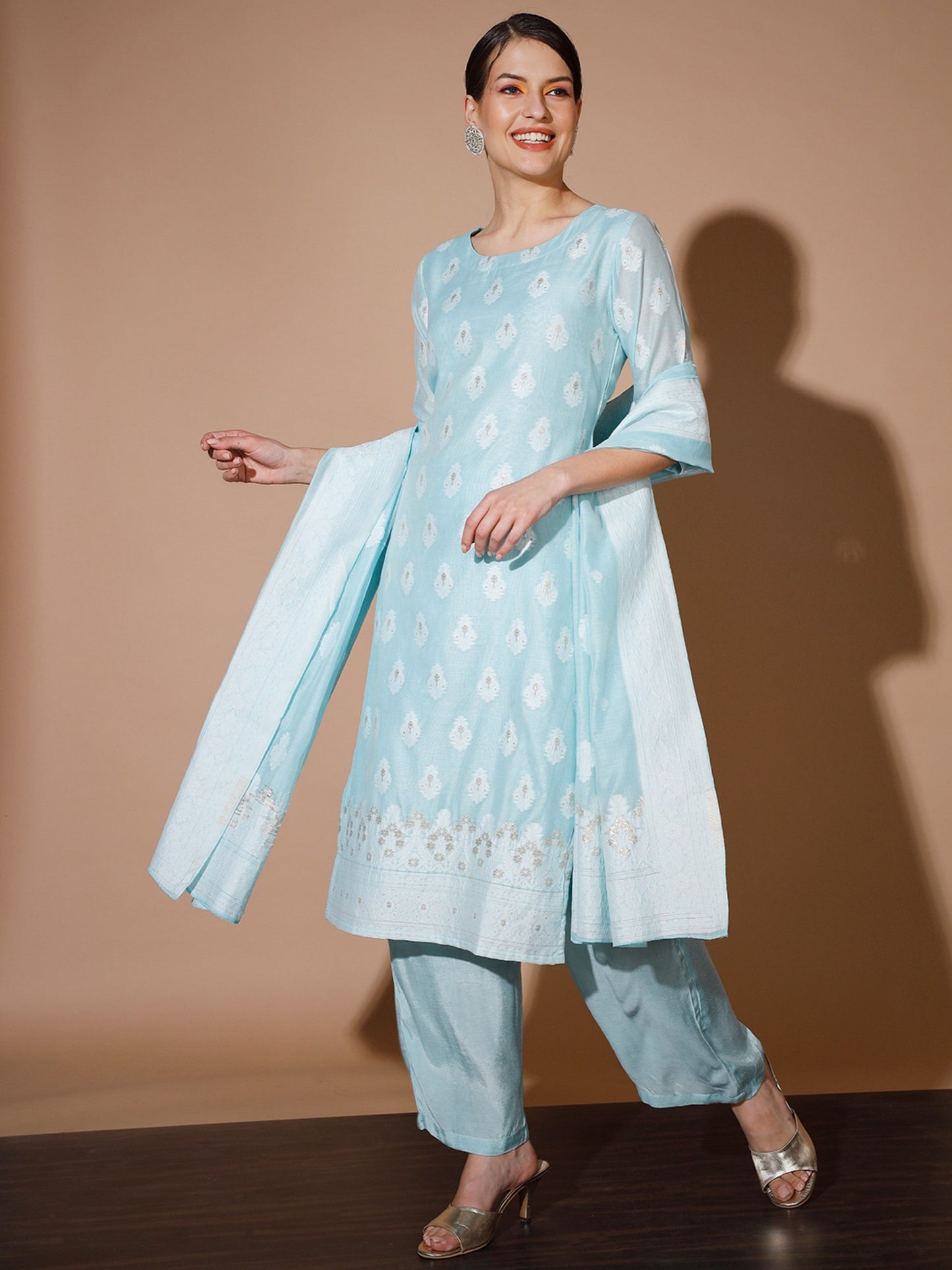 Women's Blue Printed Kurta & Palazzos With Dupatta