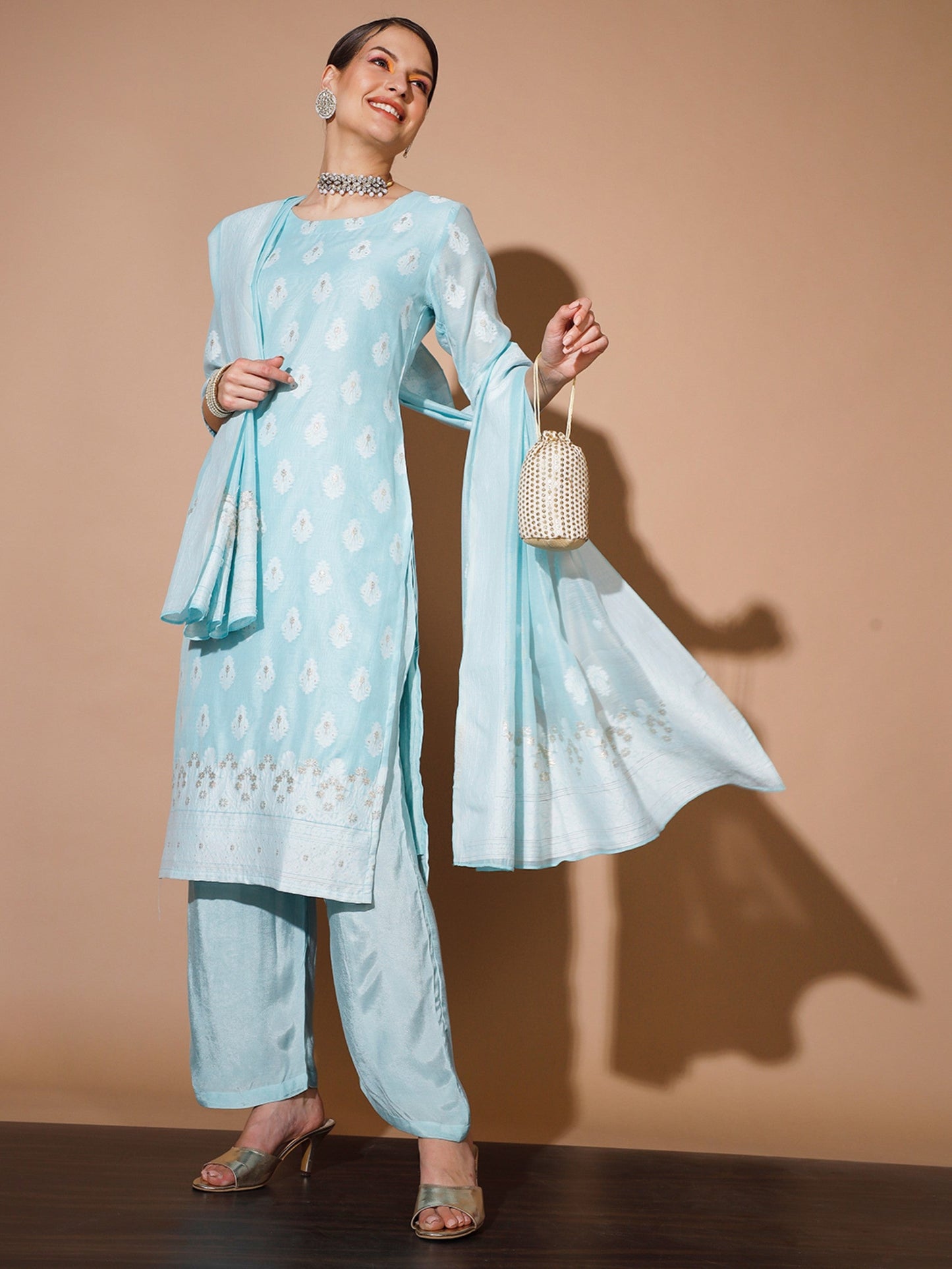 Women's Blue Printed Kurta & Palazzos With Dupatta