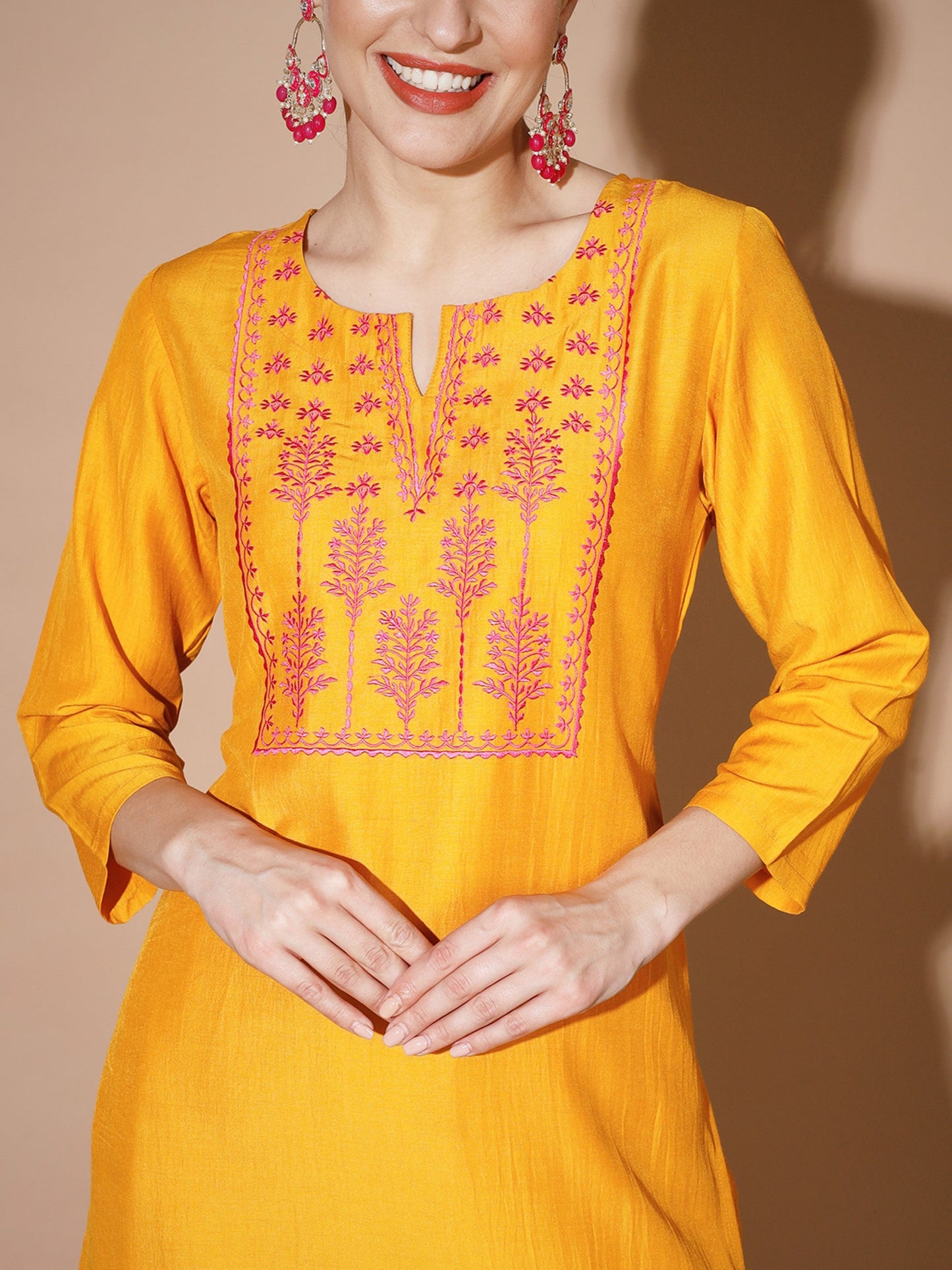 Women's Mustard Solid Kurta & Palazzos With Dupatta