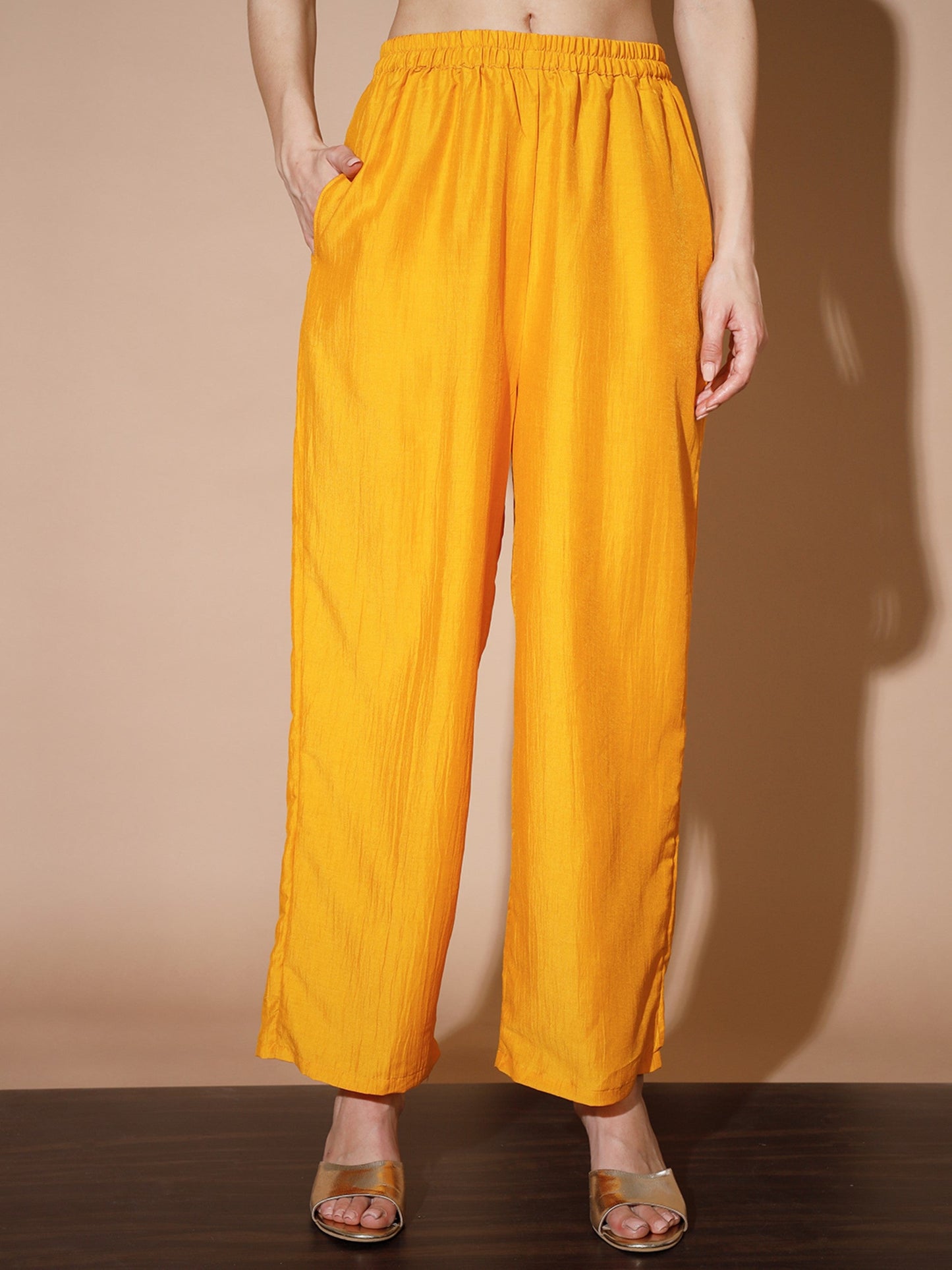 Women's Mustard Solid Kurta & Palazzos With Dupatta