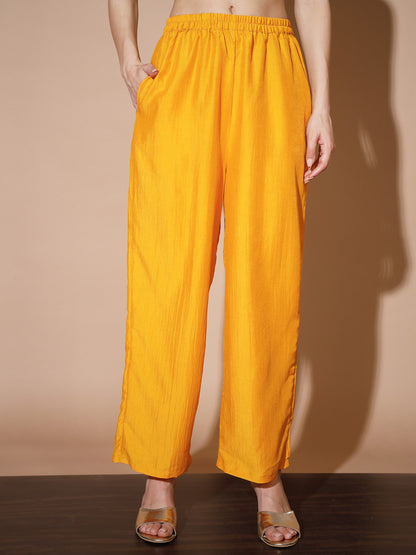 Women's Mustard Solid Kurta & Palazzos With Dupatta