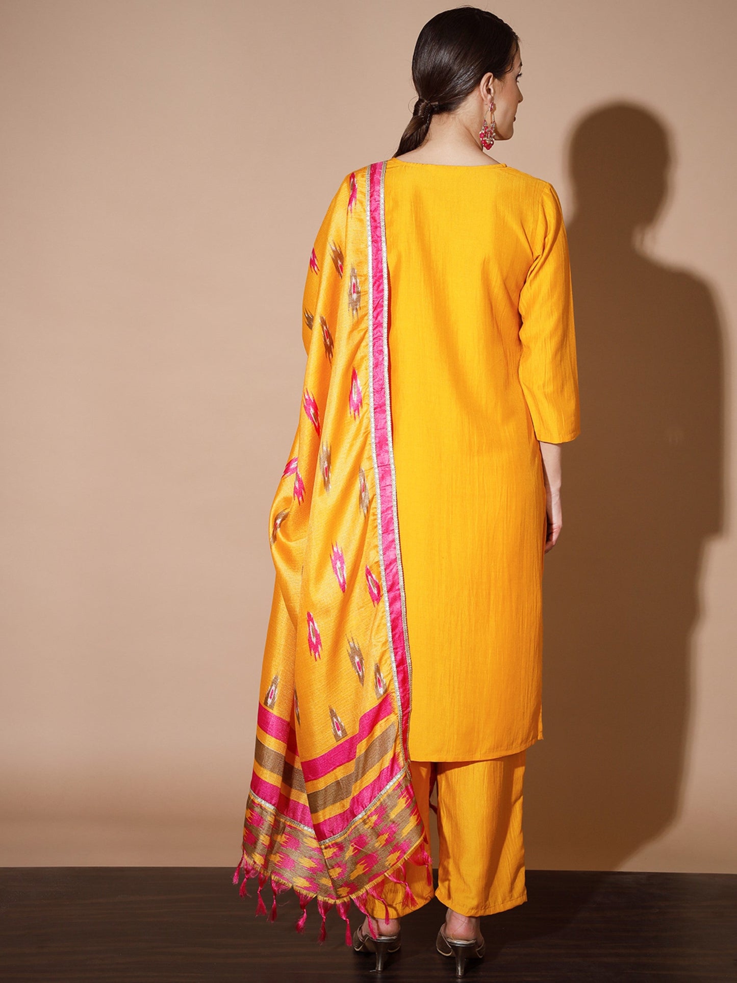 Women's Mustard Solid Kurta & Palazzos With Dupatta