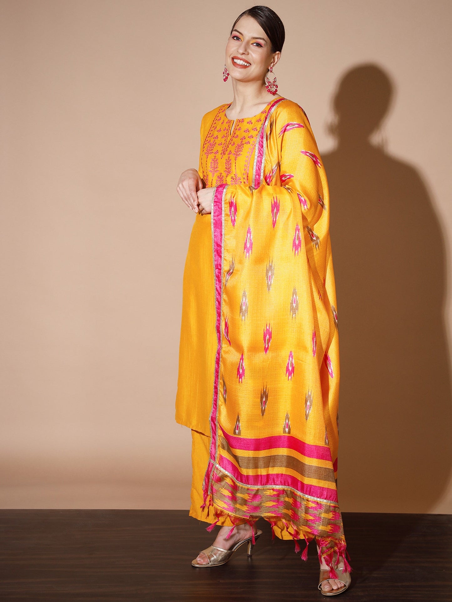 Women's Mustard Solid Kurta & Palazzos With Dupatta
