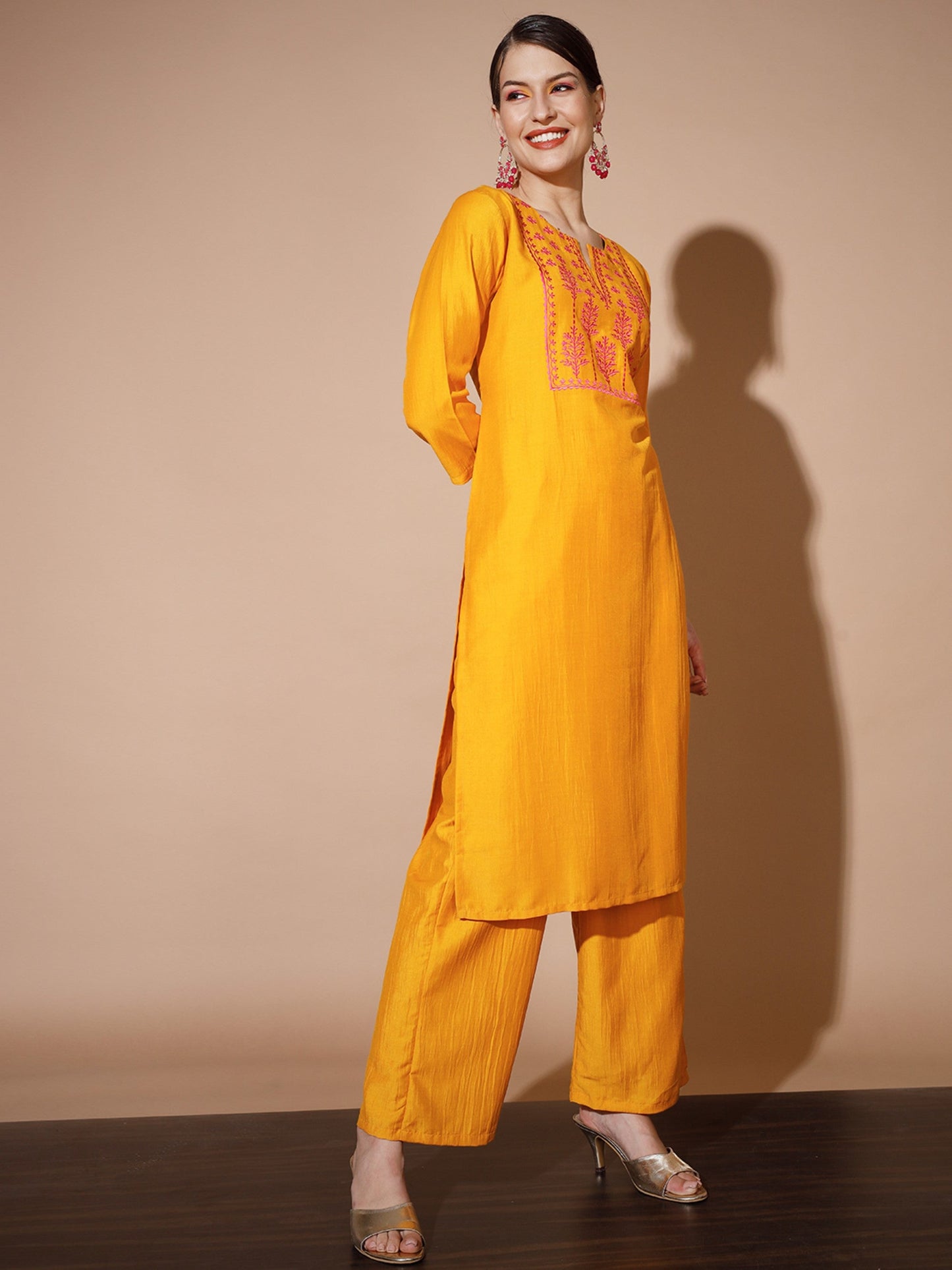 Women's Mustard Solid Kurta & Palazzos With Dupatta