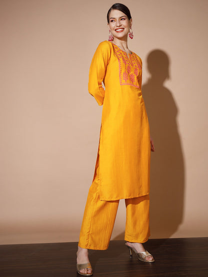 Women's Mustard Solid Kurta & Palazzos With Dupatta