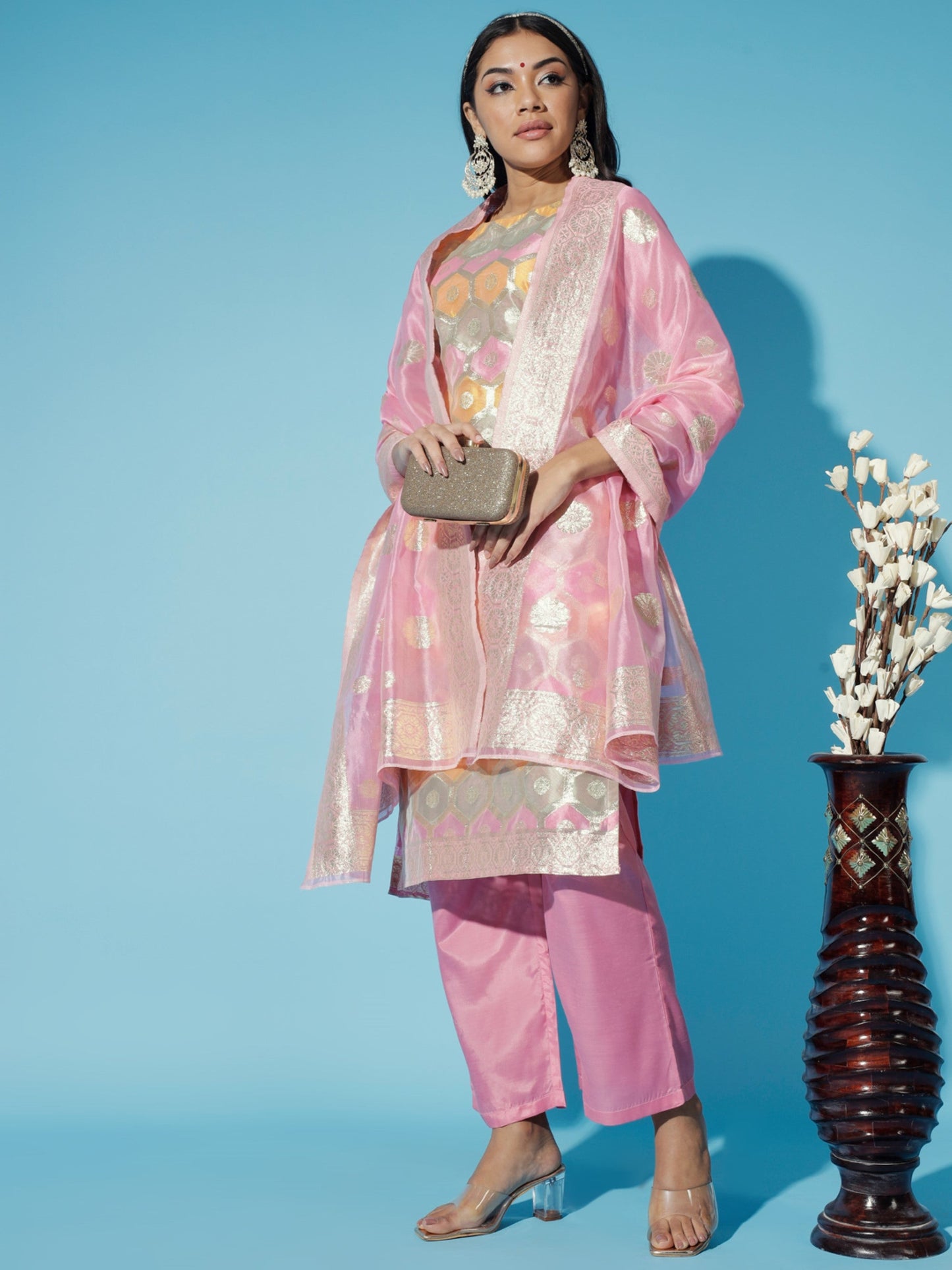 Women's Pink Printed Kurta & Trousers With Dupatta
