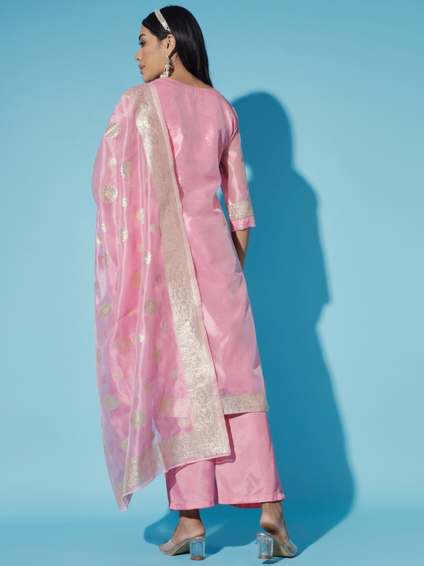 Women's Pink Printed Kurta & Trousers With Dupatta