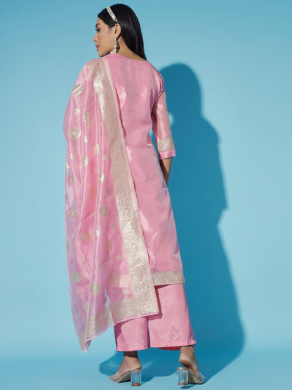 Women's Pink Printed Kurta & Trousers With Dupatta