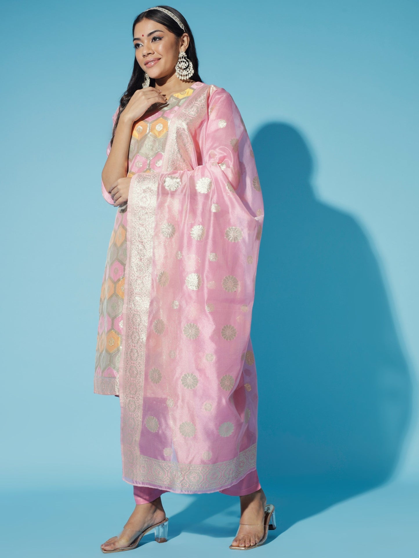 Women's Pink Printed Kurta & Trousers With Dupatta