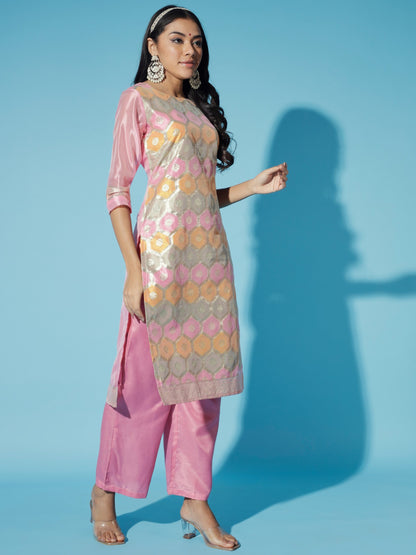 Women's Pink Printed Kurta & Trousers With Dupatta