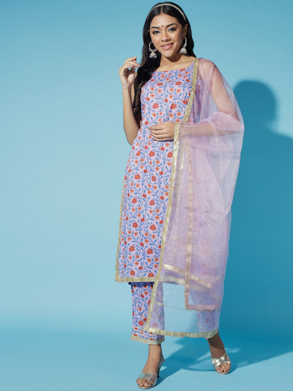 Women's Lavender Printed Kurta & Trousers With Dupatta