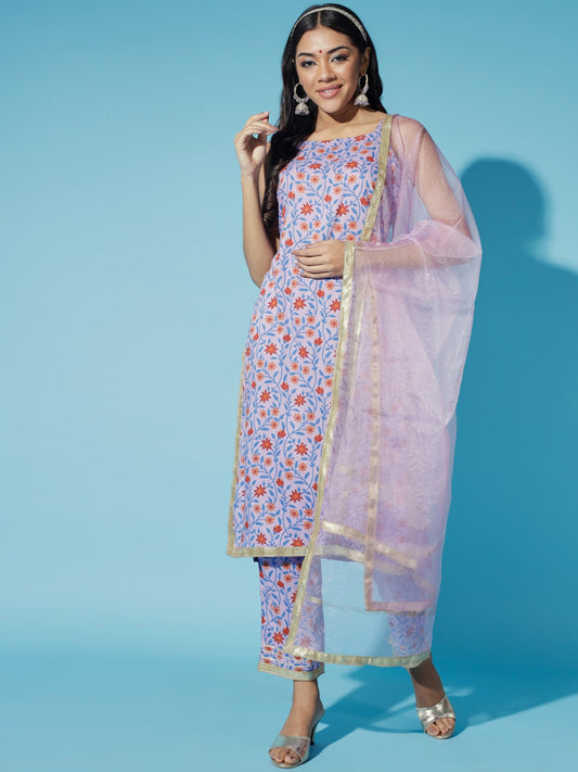 Women's Lavender Printed Kurta & Trousers With Dupatta