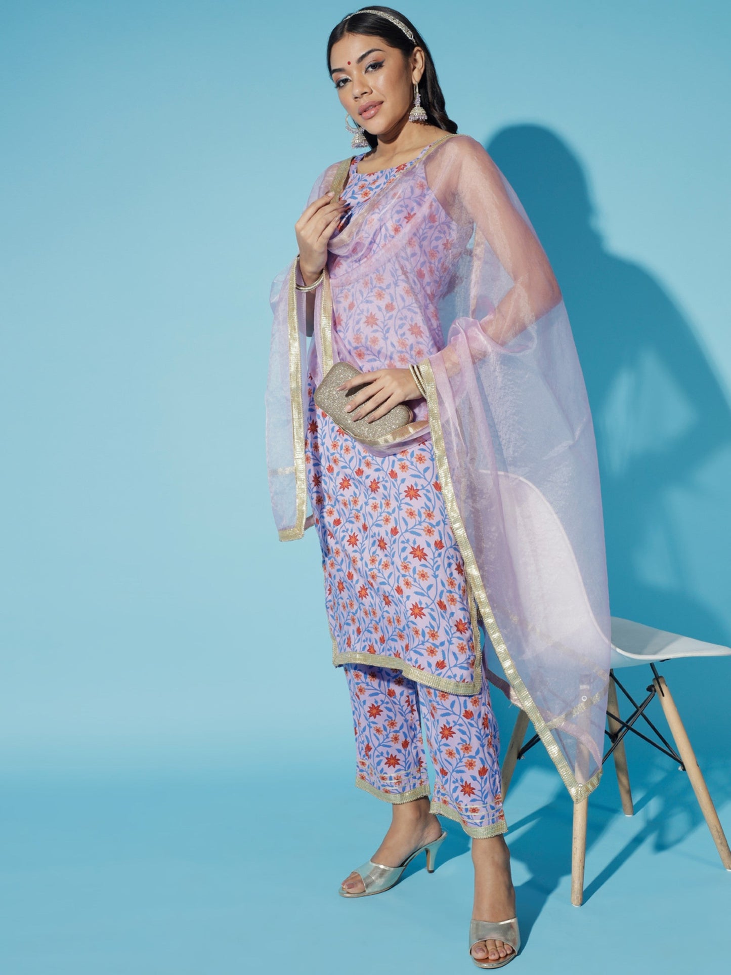 Women's Lavender Printed Kurta & Trousers With Dupatta