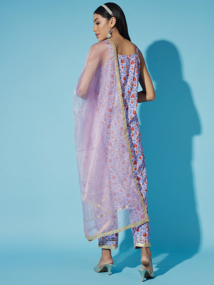Women's Lavender Printed Kurta & Trousers With Dupatta