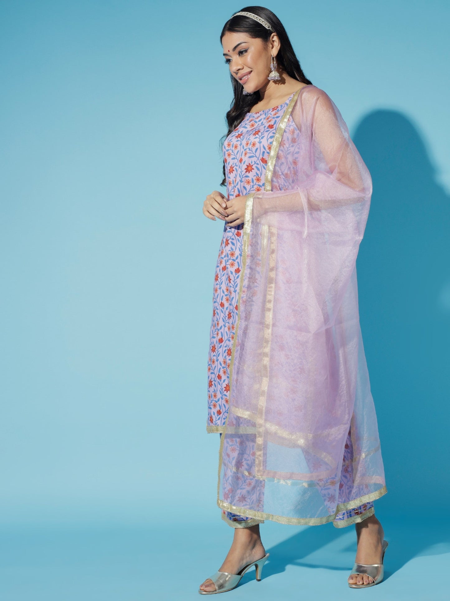 Women's Lavender Printed Kurta & Trousers With Dupatta