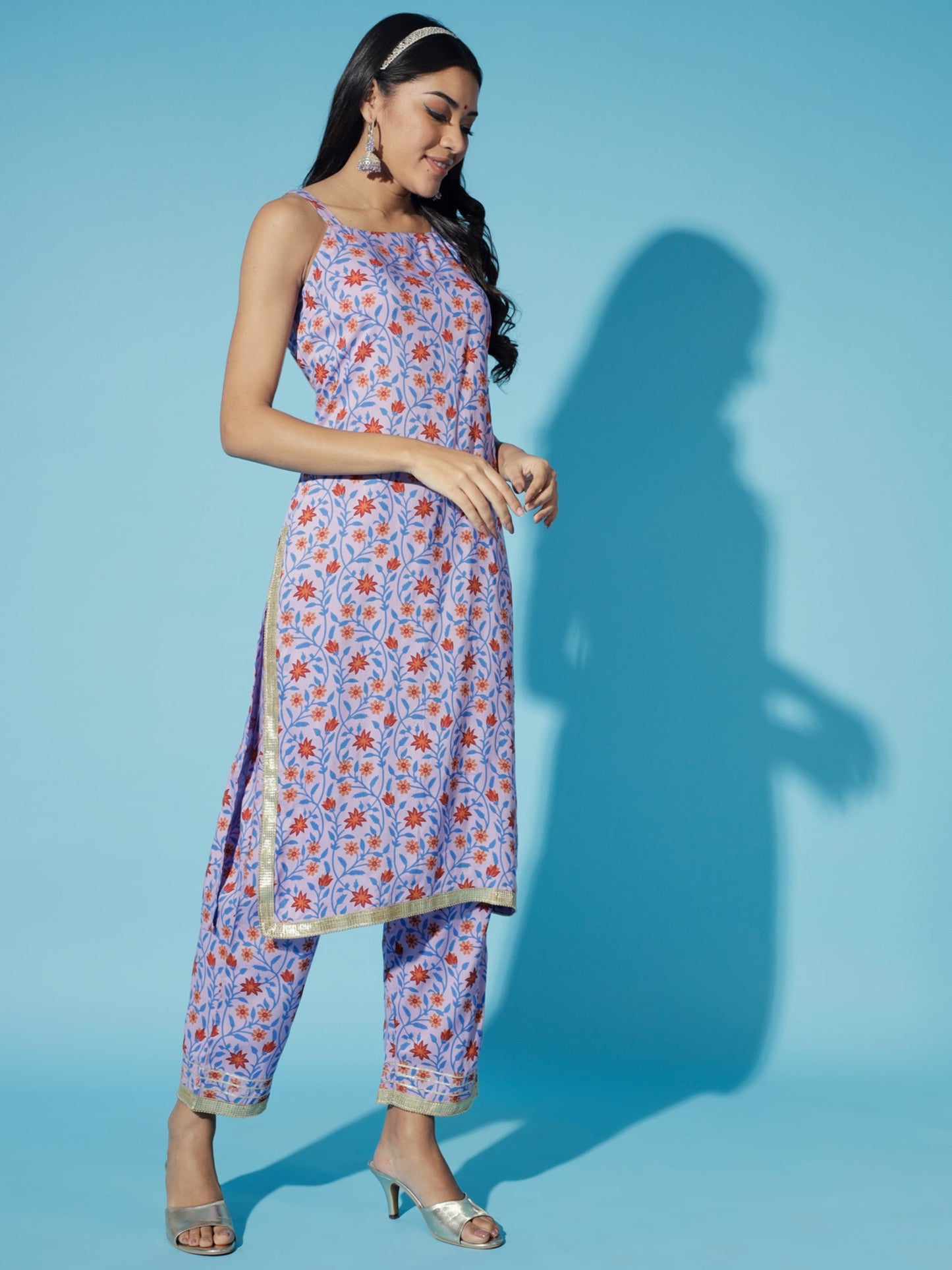 Women's Lavender Printed Kurta & Trousers With Dupatta