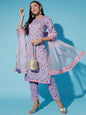 Women's Lavender Printed Kurta & Trousers With Dupatta