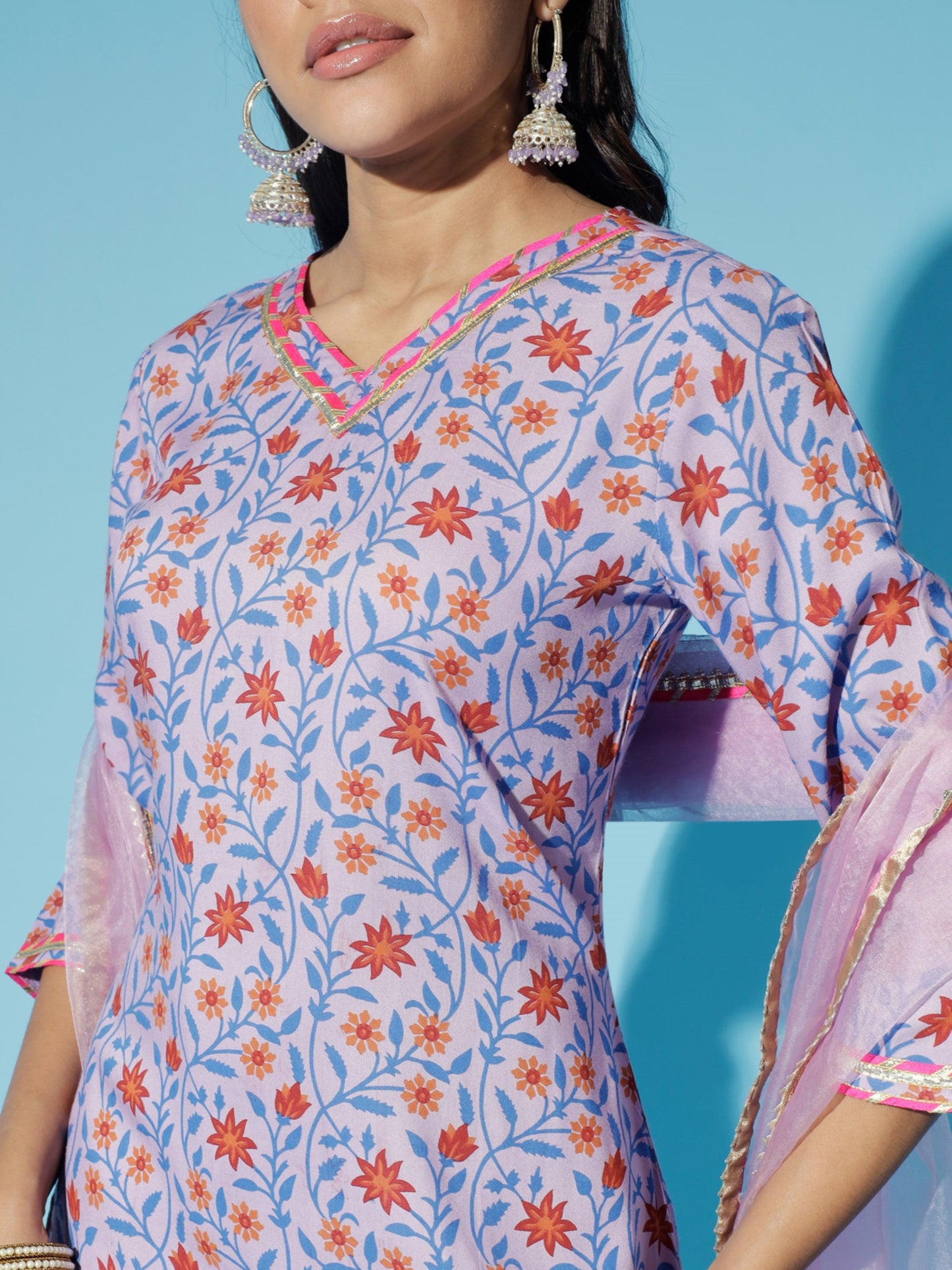 Women's Lavender Printed Kurta & Trousers With Dupatta