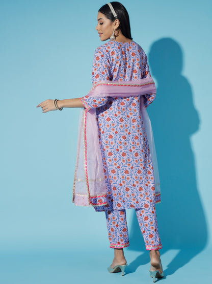 Women's Lavender Printed Kurta & Trousers With Dupatta