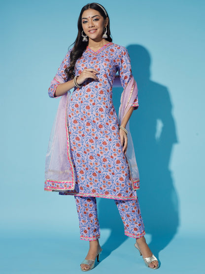 Women's Lavender Printed Kurta & Trousers With Dupatta