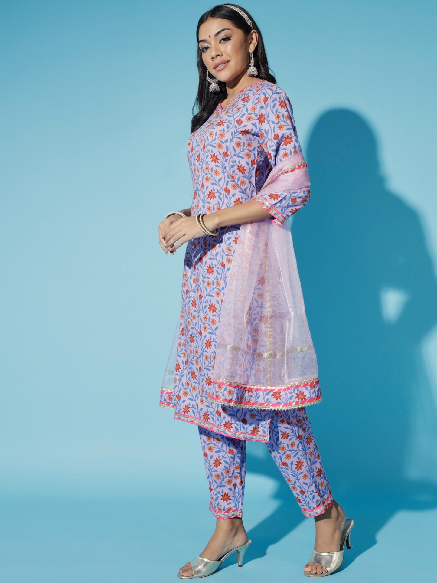 Women's Lavender Printed Kurta & Trousers With Dupatta
