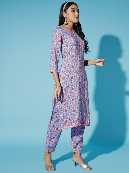 Women's Lavender Printed Kurta & Trousers With Dupatta