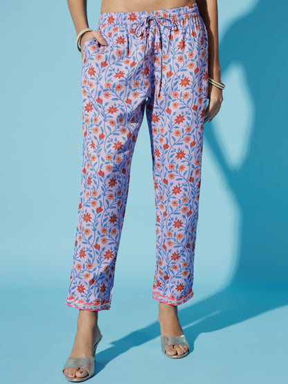 Women's Lavender Printed Kurta & Trousers With Dupatta