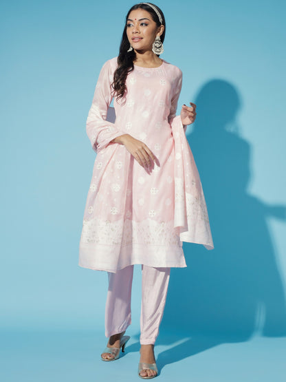 Women's Pink Embroidered Kurta & Trousers With Dupatta