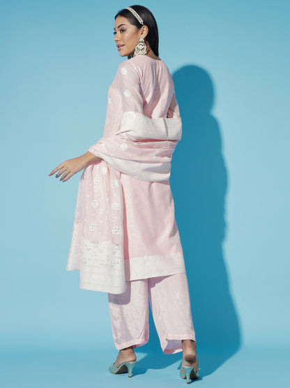 Women's Pink Embroidered Kurta & Trousers With Dupatta