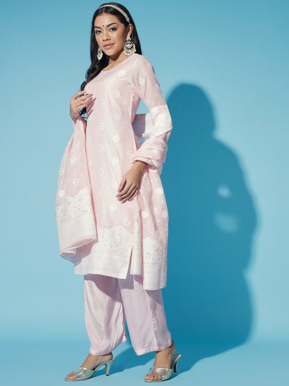 Women's Pink Embroidered Kurta & Trousers With Dupatta