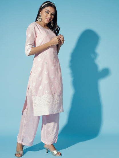 Women's Pink Embroidered Kurta & Trousers With Dupatta
