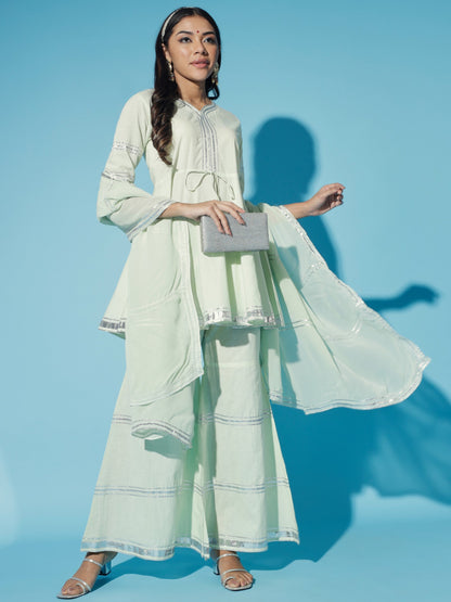 Women's Green Solid Kurta & Palazzos With Dupatta