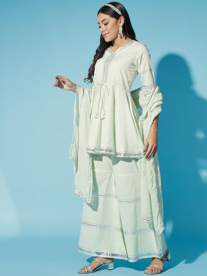 Women's Green Solid Kurta & Palazzos With Dupatta