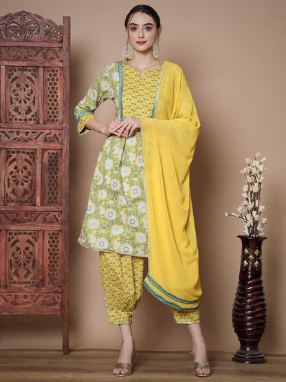 Women's Yellow A-Line Kurta & Salwar With Dupatta