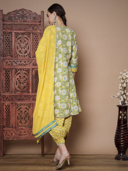 Women's Yellow A-Line Kurta & Salwar With Dupatta