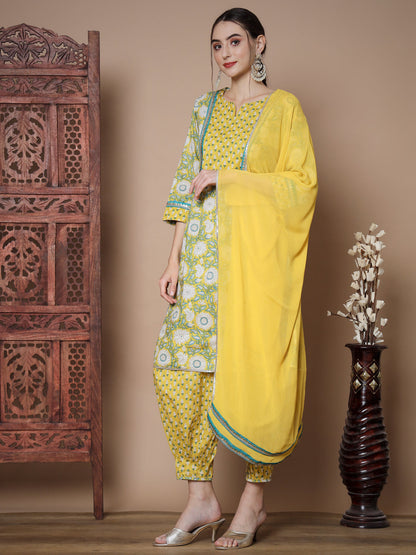 Women's Yellow A-Line Kurta & Salwar With Dupatta