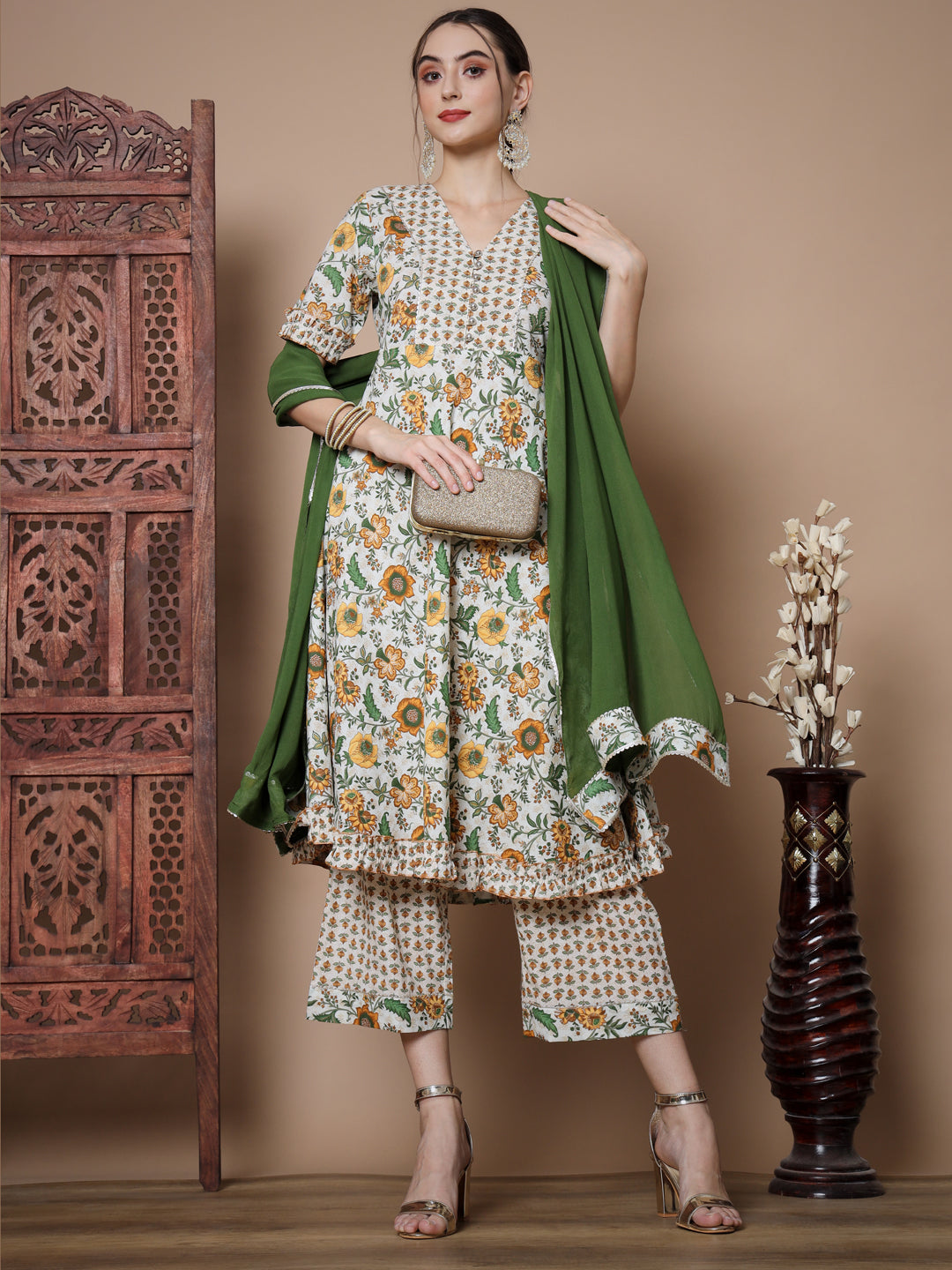 Women's Multi Anarkali Kurta & Palazzos With Dupatta