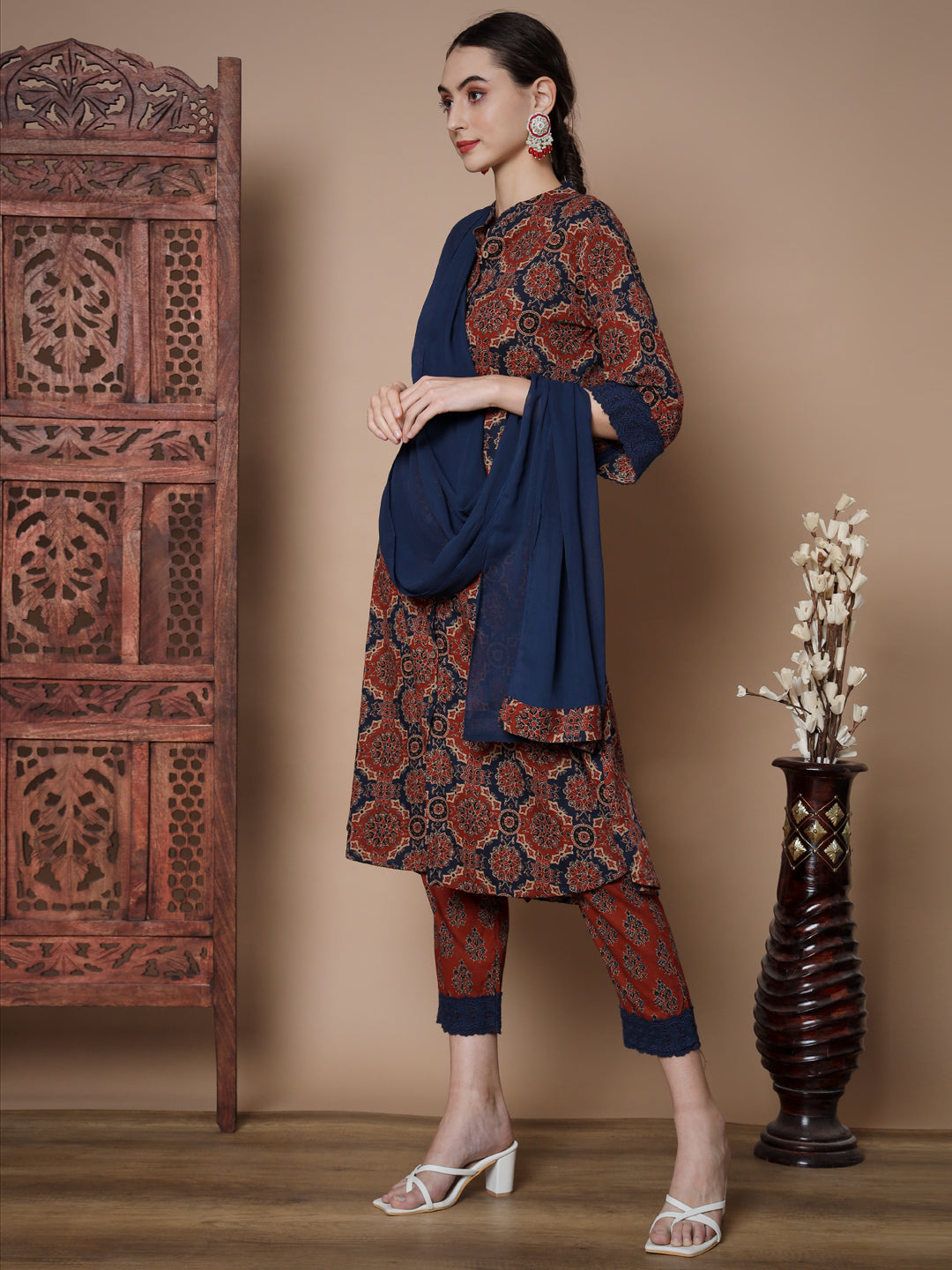 Women's Blue A-Line Kurta & Trousers With Dupatta
