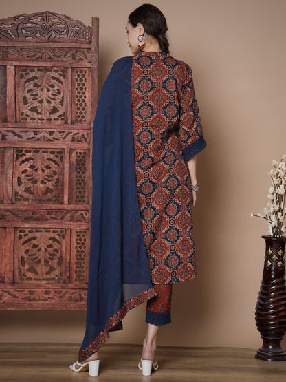 Women's Blue A-Line Kurta & Trousers With Dupatta