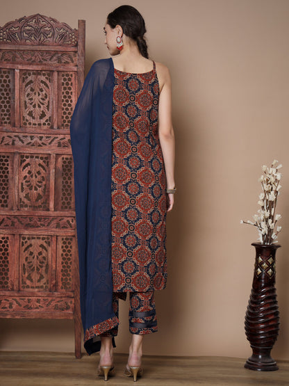 Women's Blue Straight Kurta & Trousers With Dupatta