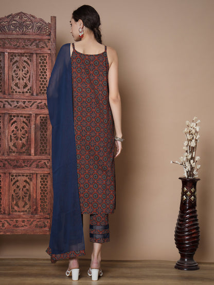 Women's Blue Straight Kurta & Trousers With Dupatta