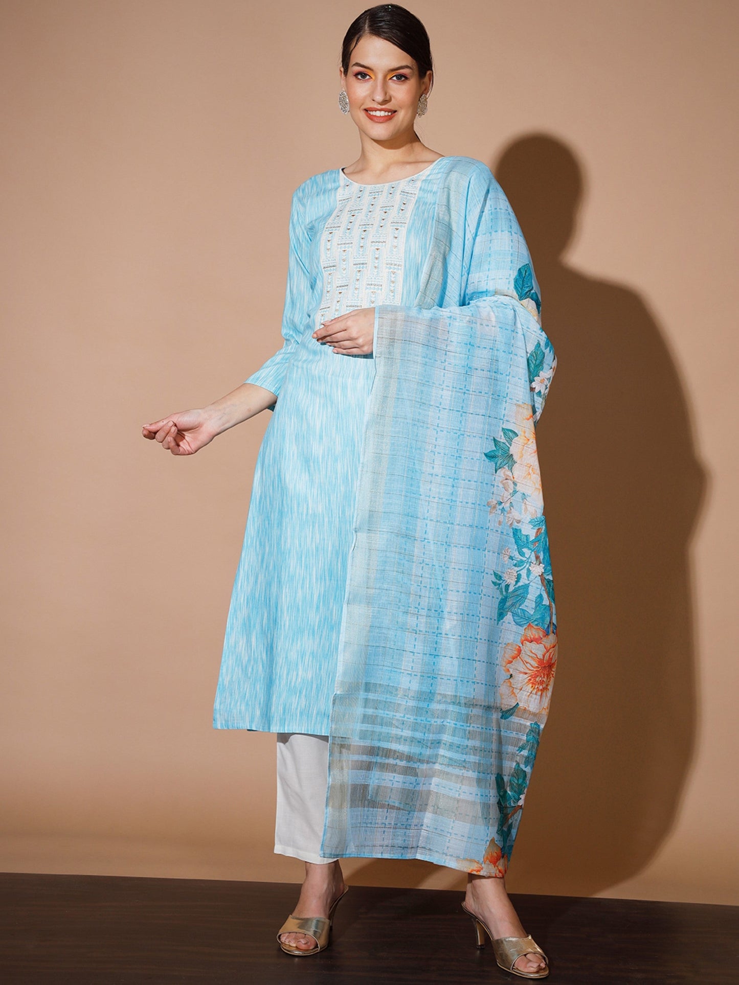 Women's Blue Printed Kurta & Trousers With Dupatta