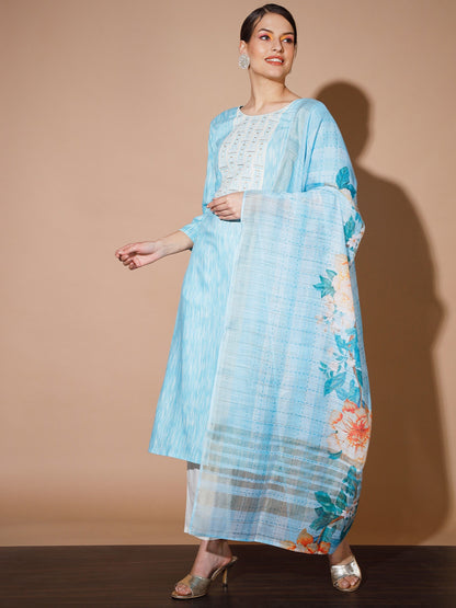 Women's Blue Printed Kurta & Trousers With Dupatta