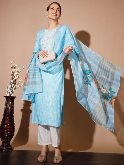 Women's Blue Printed Kurta & Trousers With Dupatta