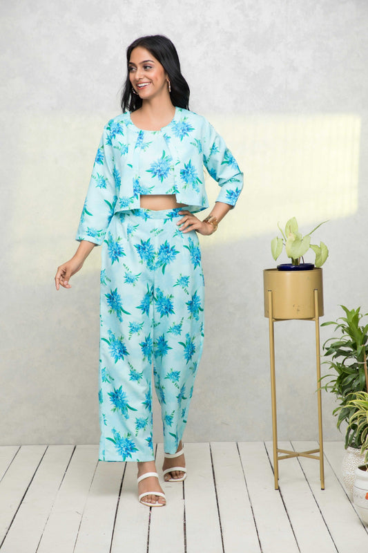 Women's Blue Printed Pastels Co-Ords
