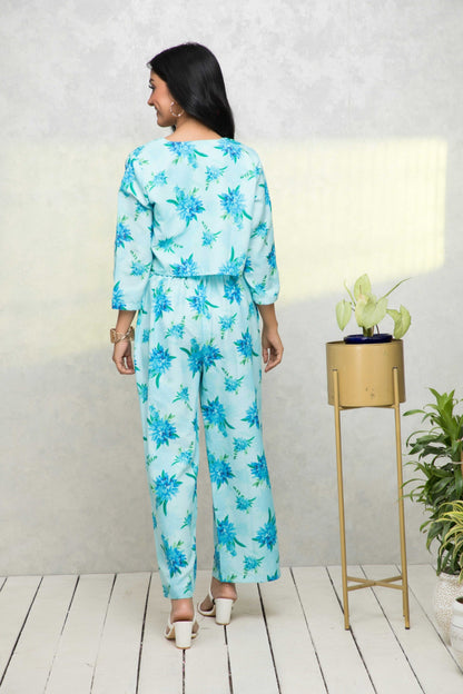 Women's Blue Printed Pastels Co-Ords