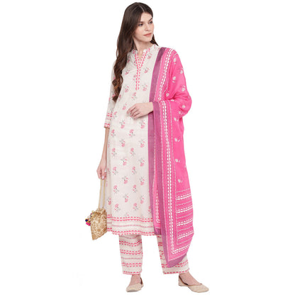 Women's White & Red Cotton Kurta With Palazzo & Dupatta By Vbuyz (3